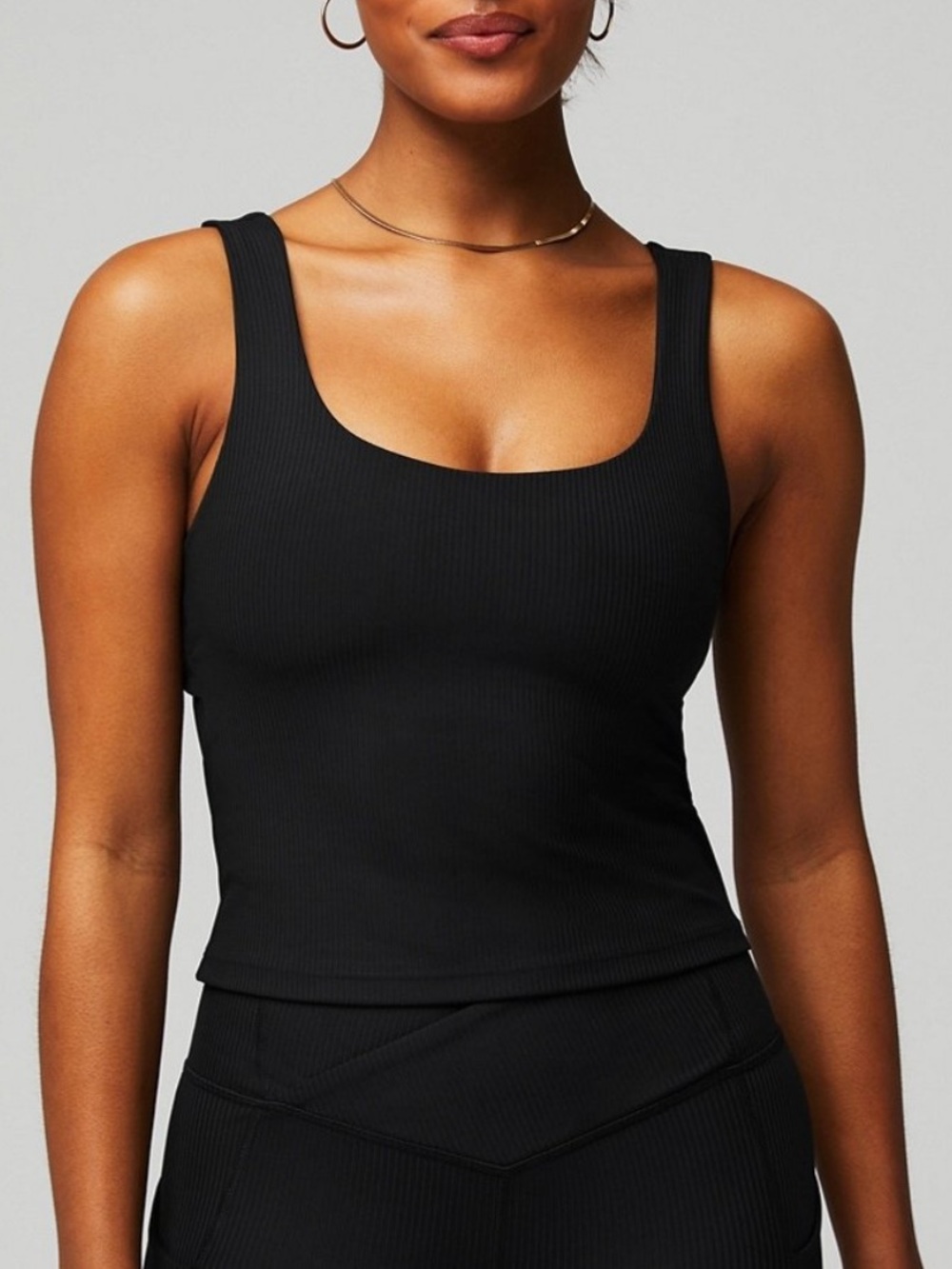 Fabletics Black XS Ribbed Scoop Neck Twist Back Tank Top With Built In Bra